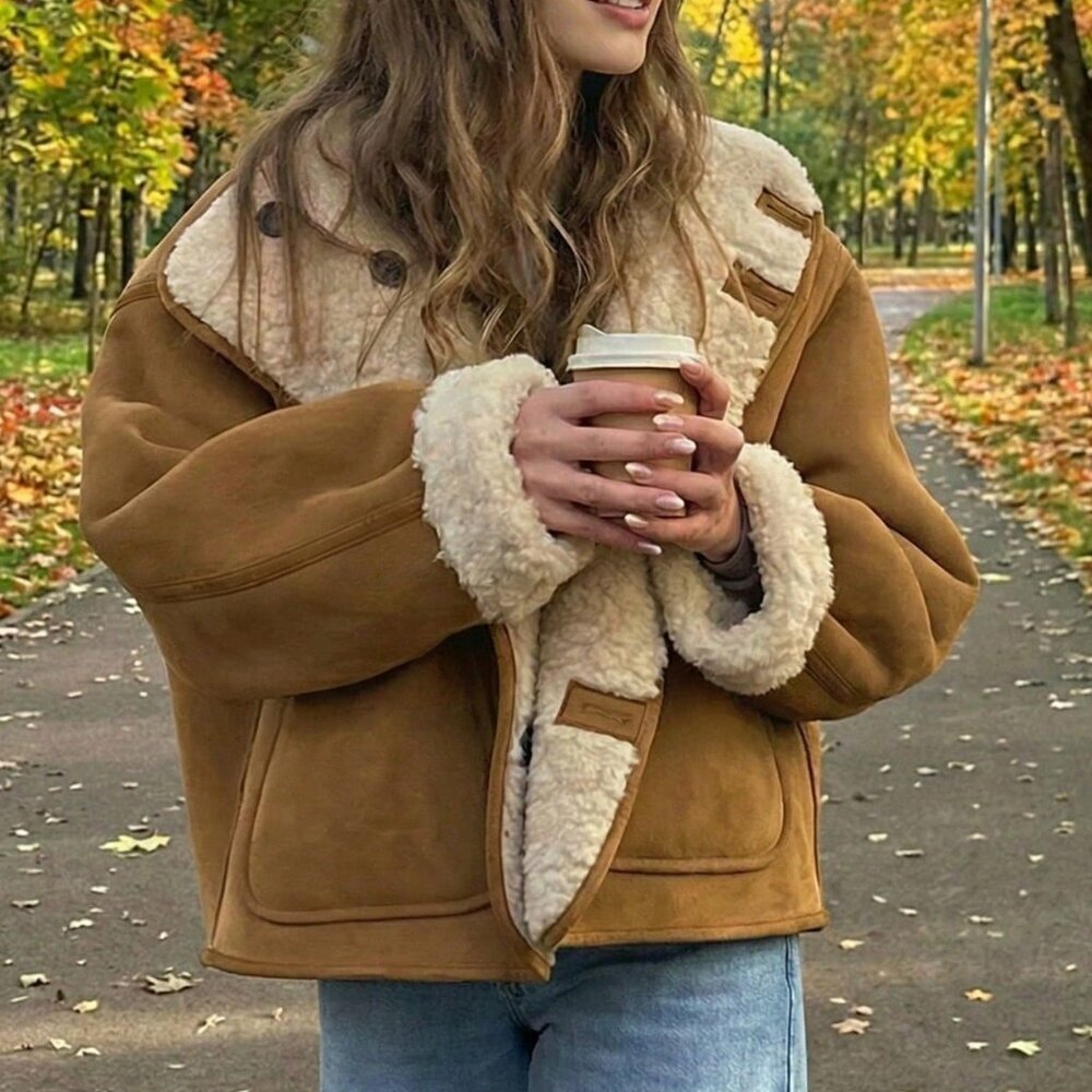 Khaki Casual Women's Teddy Fleece Cropped Streetwear Jacket